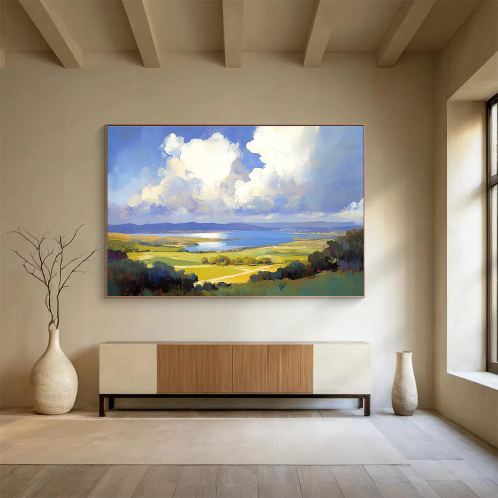 Large abstract painting capturing clouds over the bay area inspired by Gerhartz Sargent and Stats with vibrant colors and dynamic brushwork.SC584