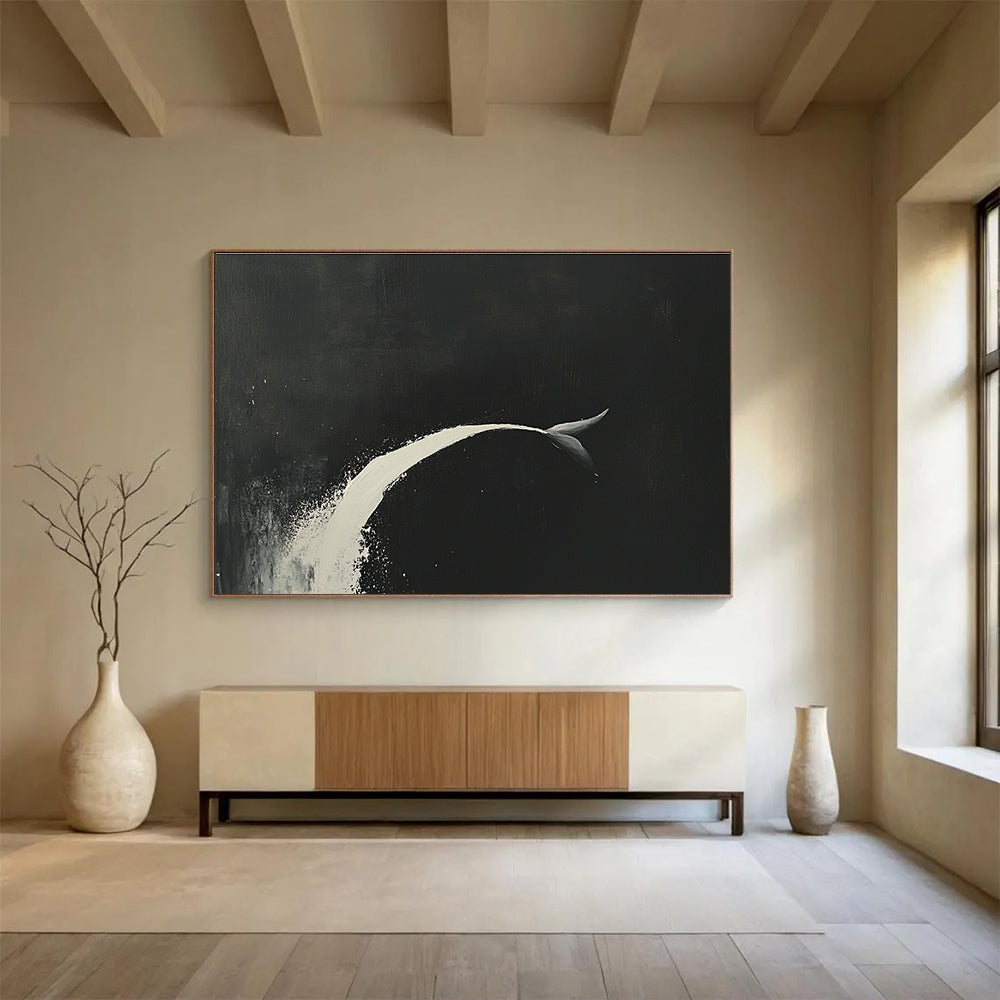 Minimalist Whale Tail Abstract Painting with Black and White Tones DYP345