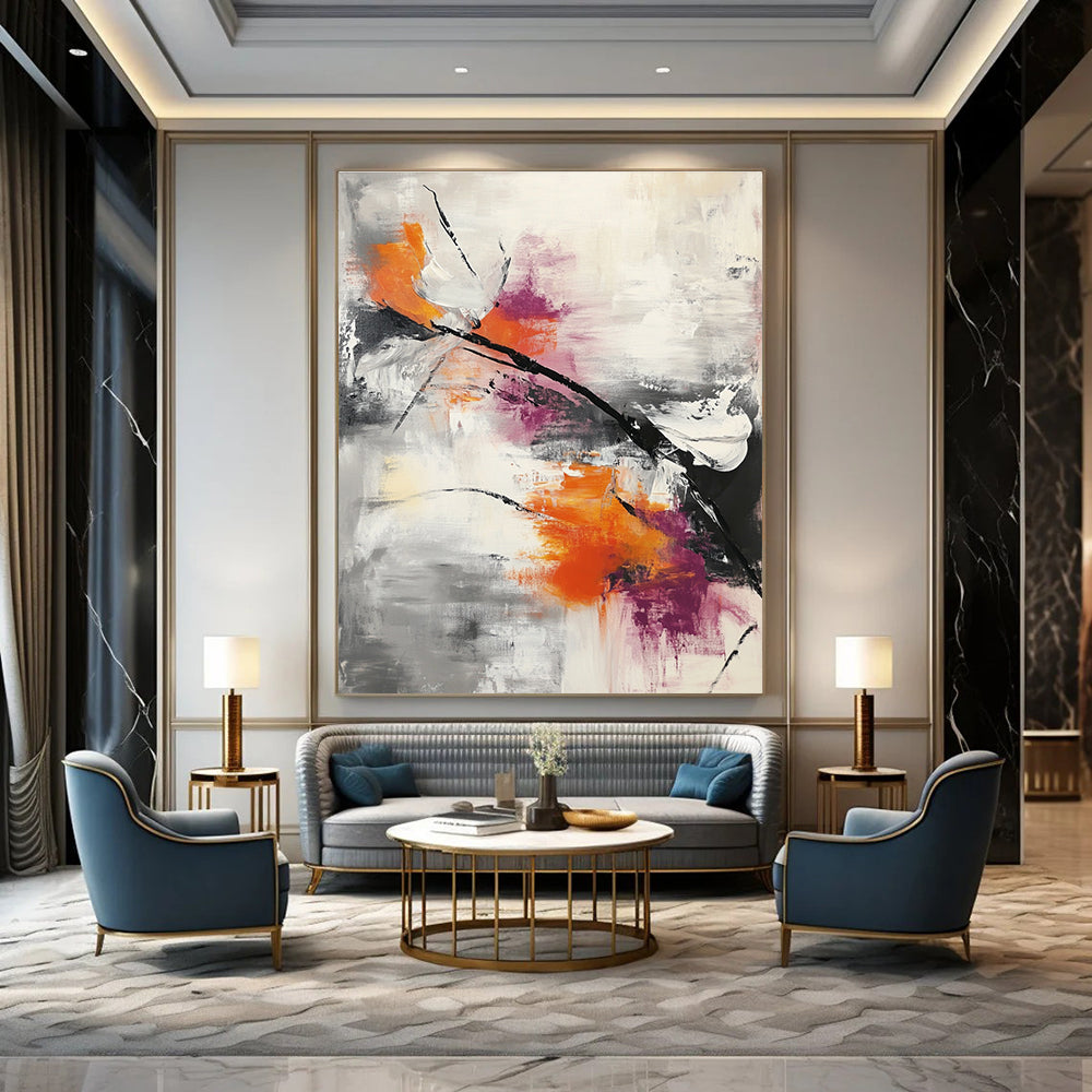 Large abstract painting featuring thick brushstrokes and splashes in gray white orange and pink with dynamic movement and modern depth.STSC817