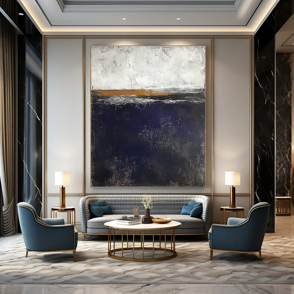 Large abstract painting of the sea in dark blue and gray with white highlights and small brown elements against a flat gray background.STSC706