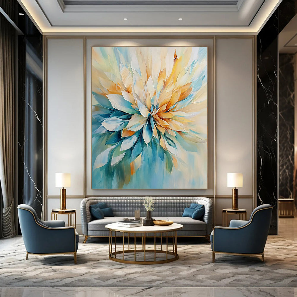 Large abstract painting in light teal and beige featuring loose brushwork and oversized petals.STSC435