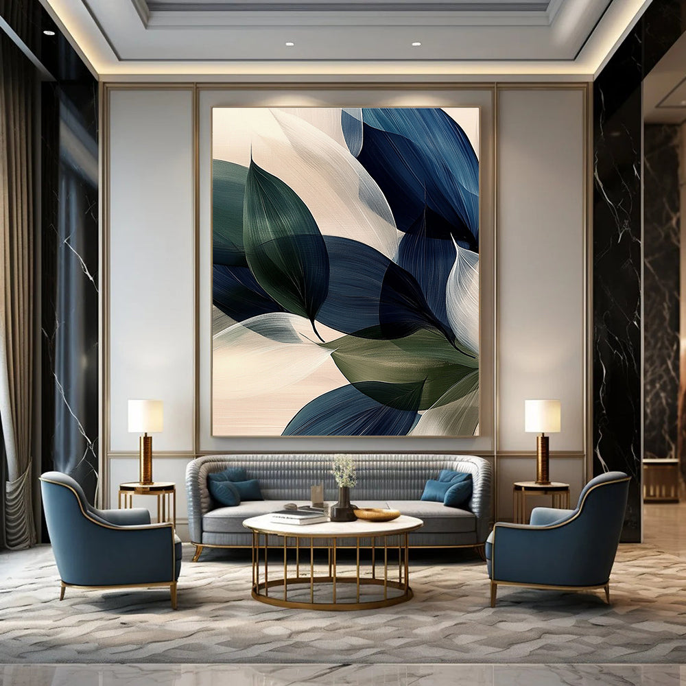 Large abstract painting of navy blue green and white large leaves with soft edges and subtle gradients on a light background.STSC685