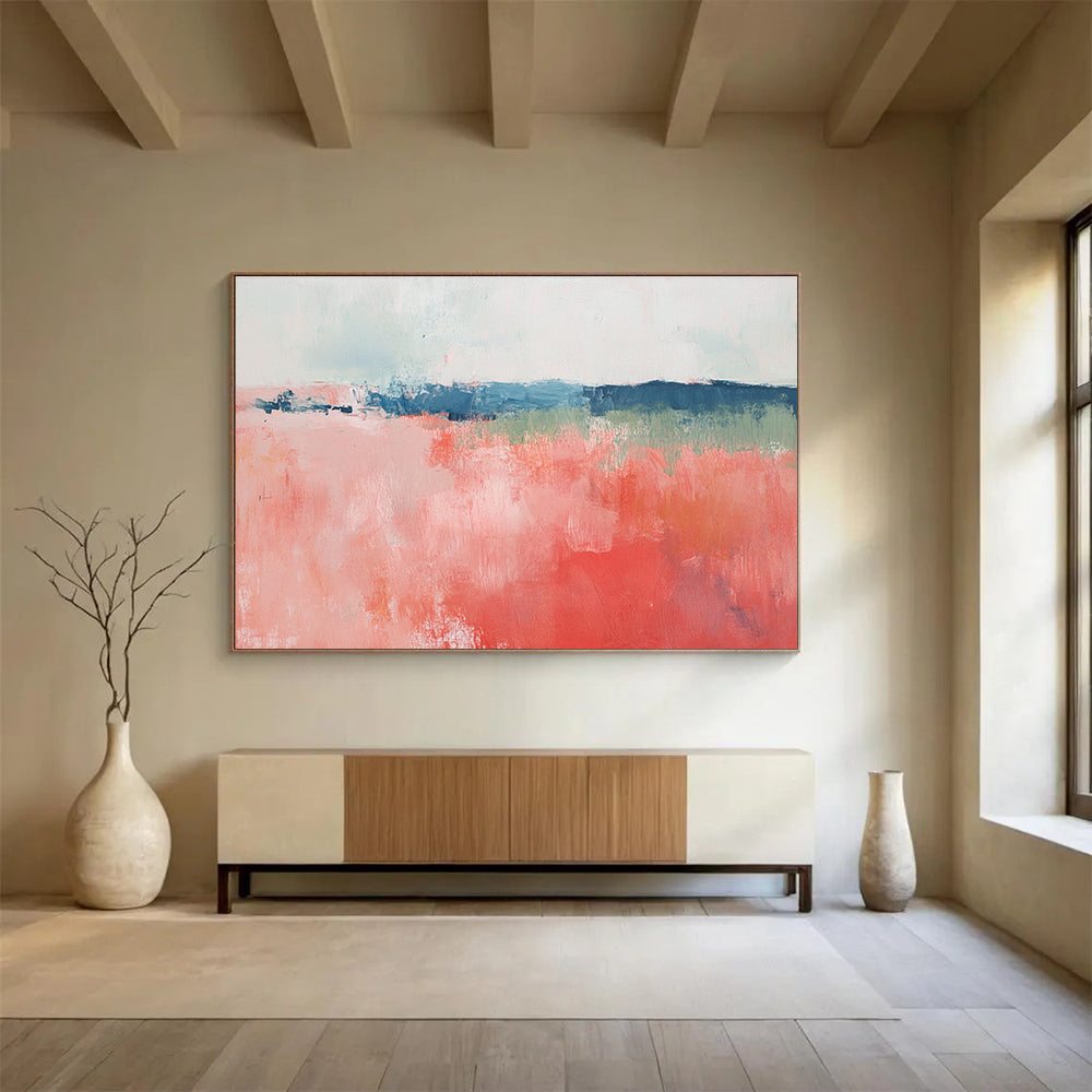 Coral Pink and Blue Abstract Painting with Expressive Brushstrokes DYP216