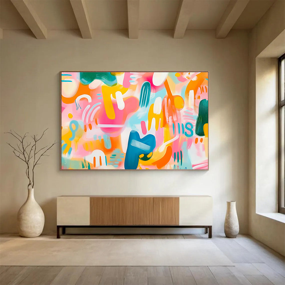 A vibrant abstract painting featuring playful shapes and colors in shades of pink orange and blue against a soft pastel background full of energy.SC483