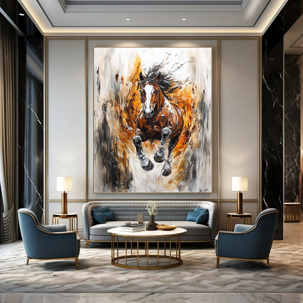 Large abstract painting featuring a wild horse in motion with dynamic colors and strong contrasts embodying speed and freedom.STSC1368