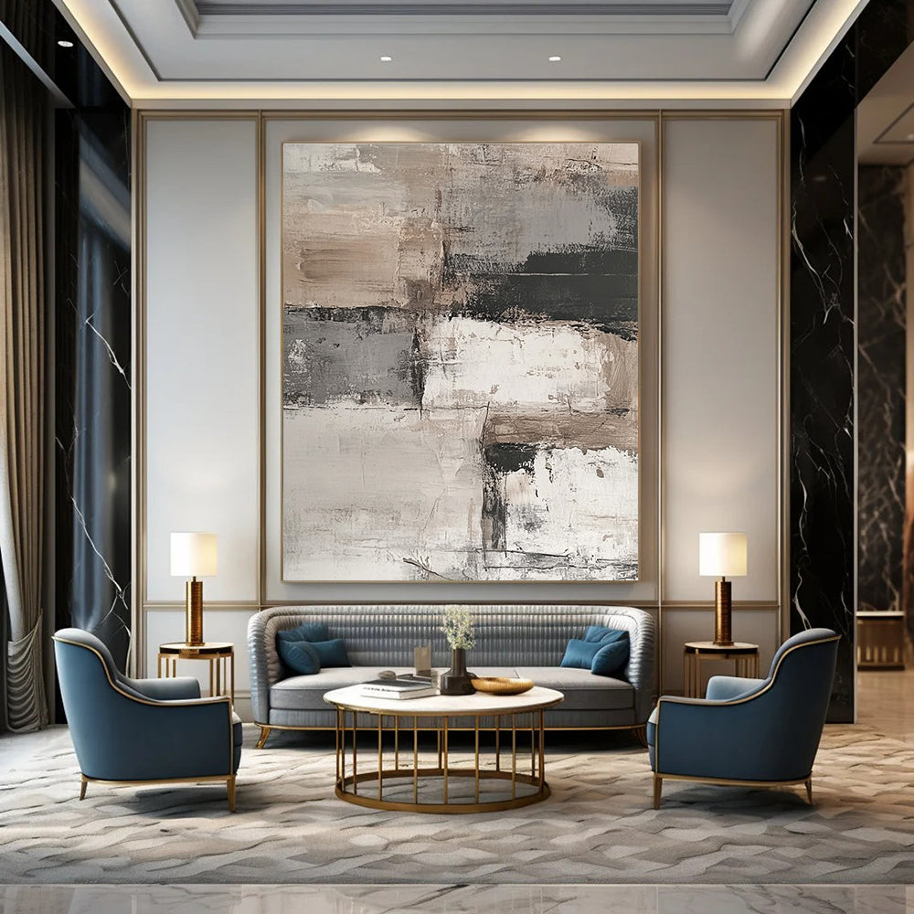 Abstract painting featuring an aged white brick wall with peeling paint, set against a muted background of grey, beige, and brown tones.STSC269