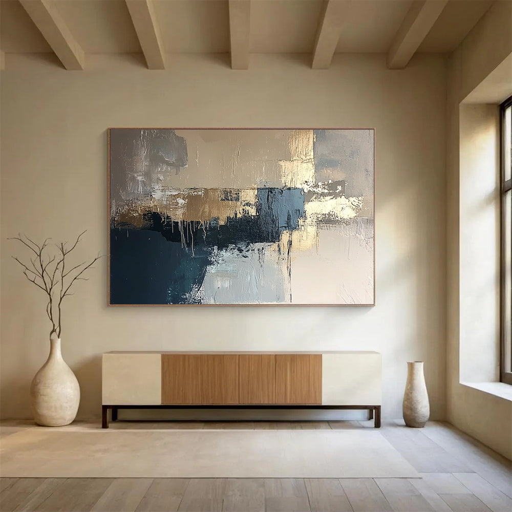 Gold and Blue Abstract Painting with Dripping Textures DYP385