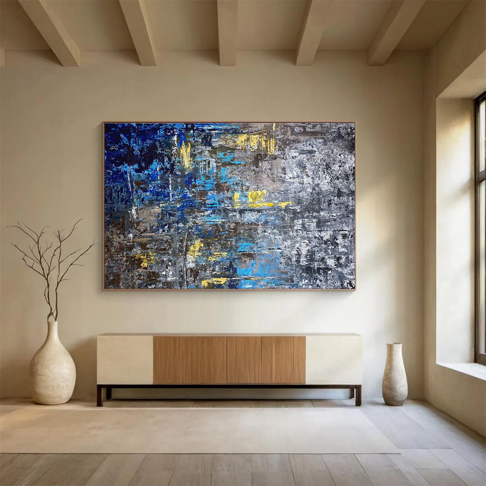Blue Yellow Gray Abstract Painting with Urban, Industrial Inspirations THY379