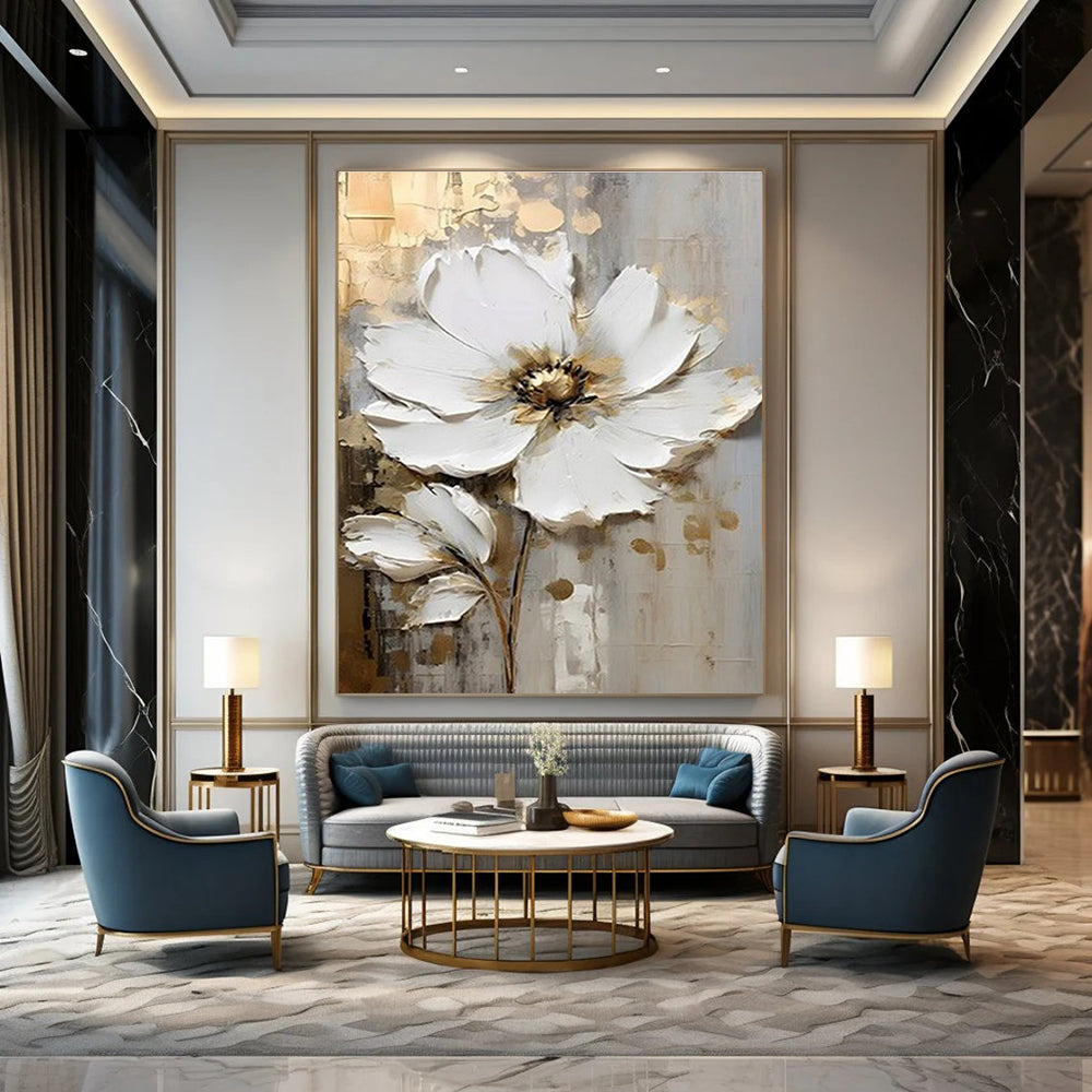 White Flower Textured Abstract Painting with Gold Accents ADGE300