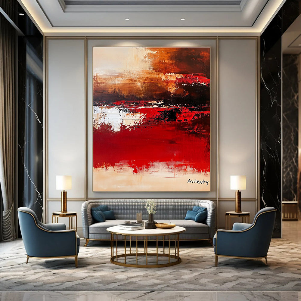 Large abstract painting with warm tones and soft edges titled Antestry creating a calm atmosphere inspired by Marc Chagall's minimalist style.STSC458