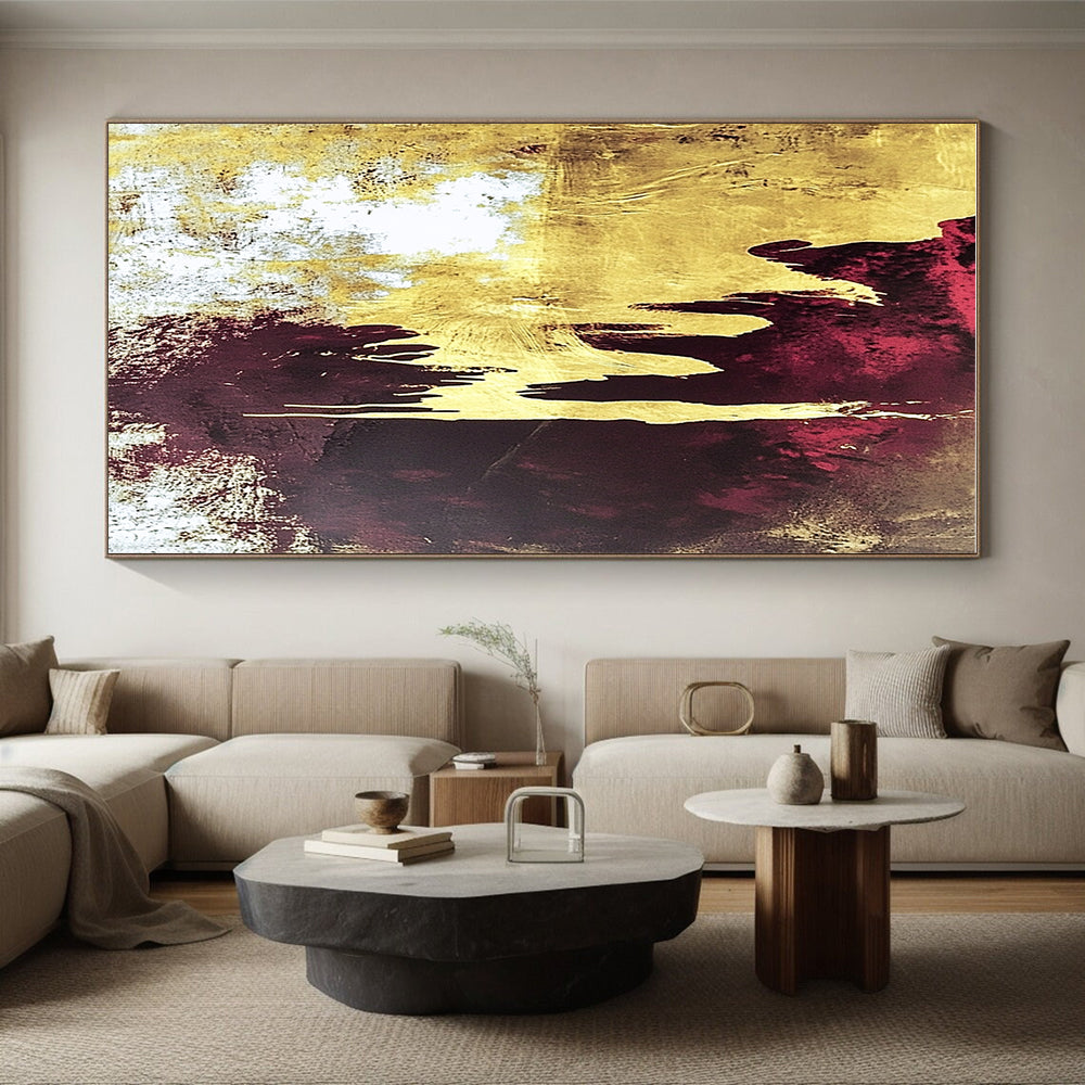 Gold and Burgundy Abstract Painting with Dripping Effects GER602