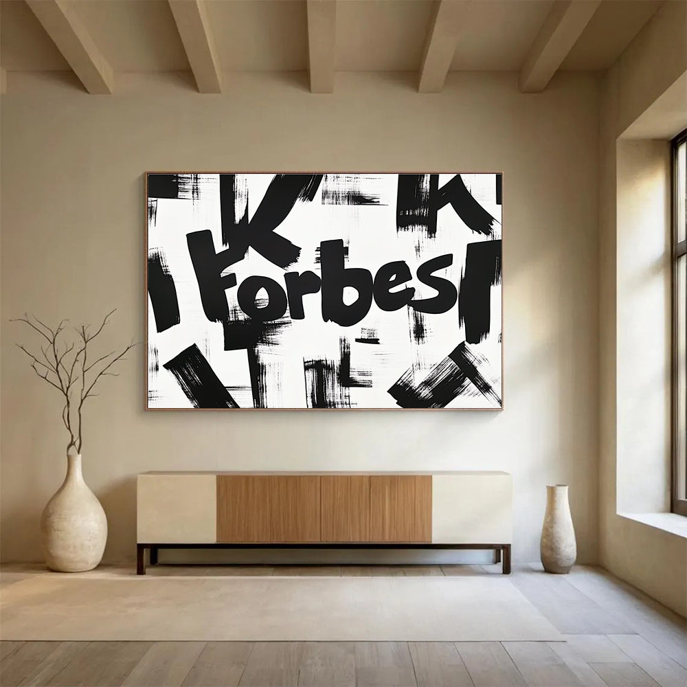A large abstract artwork featuring the bold yet graceful lettering of K Forbes, showcasing soft curves and dynamic brush strokes in black ink on white paper.SC469