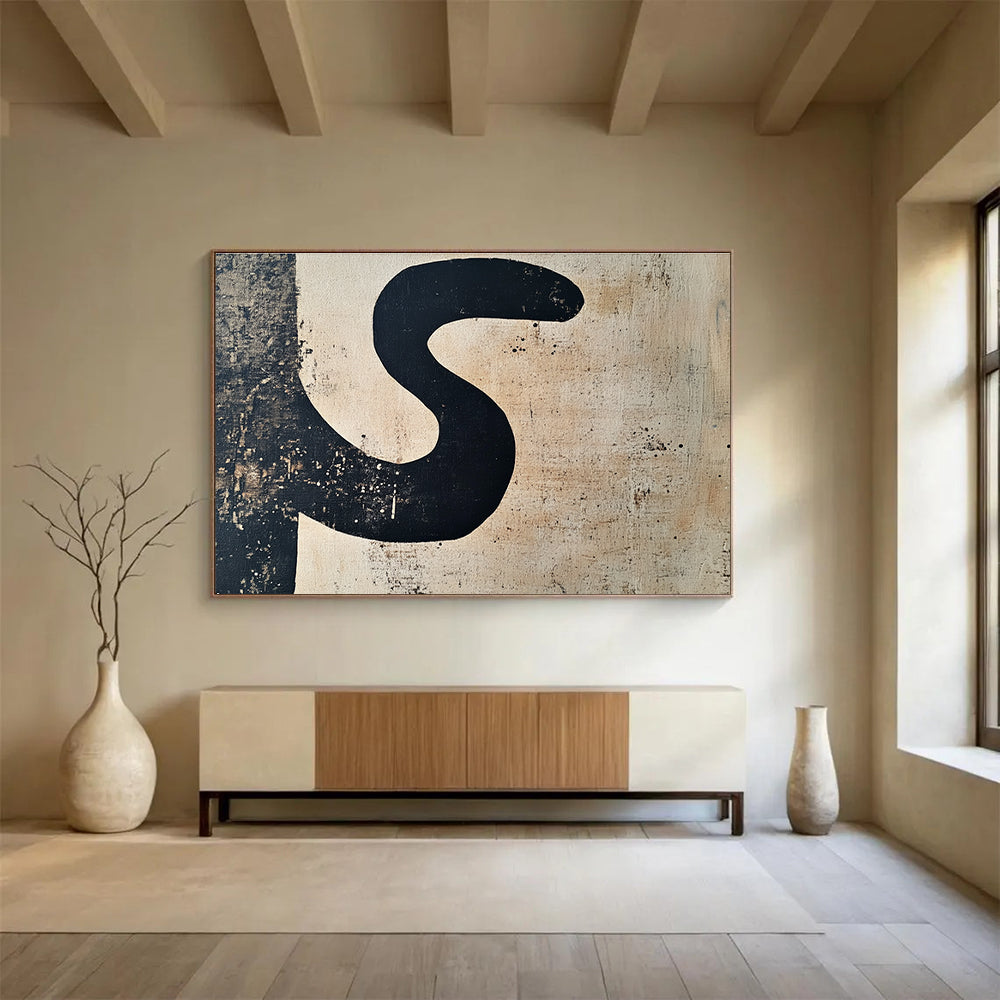 A large abstract painting featuring the letter S in black and beige, perfect for modern decor and minimalist aesthetics.SC501