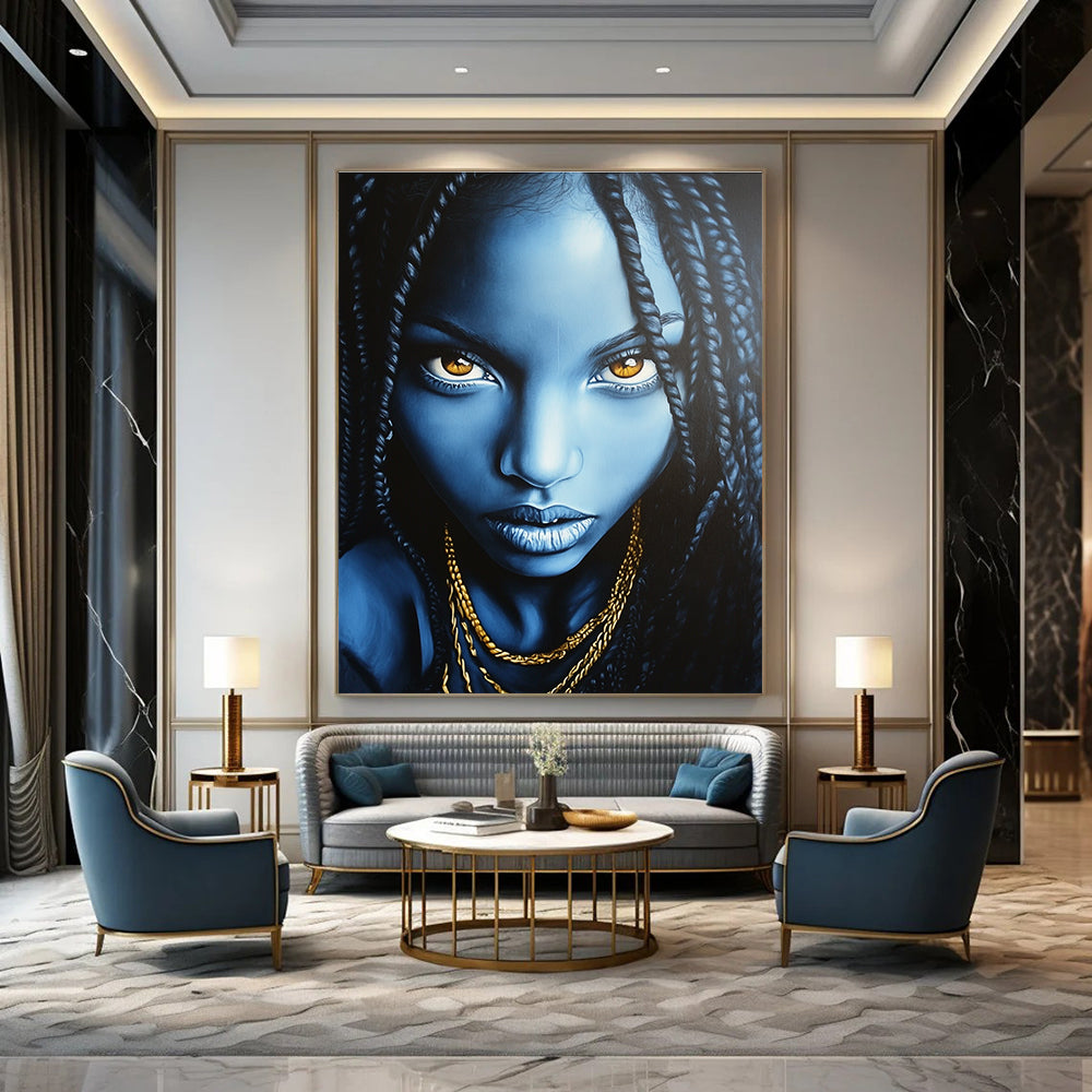 Abstract painting featuring an African American woman with long black braids and glowing blue face against a dark gray background adorned with gold necklaces.STSC1273
