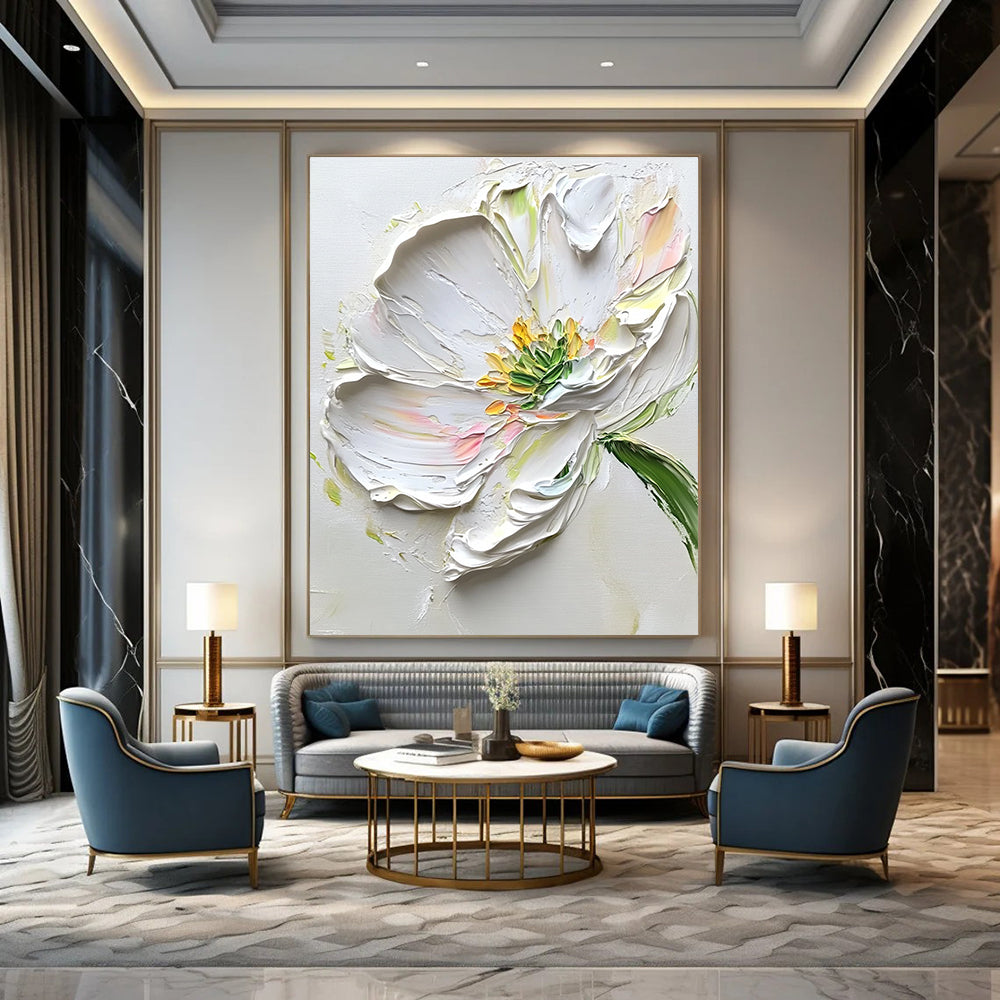 Abstract painting featuring white flowers with green leaves on a light gray background showcasing elegant brush strokes and beautiful accents.STSC1482