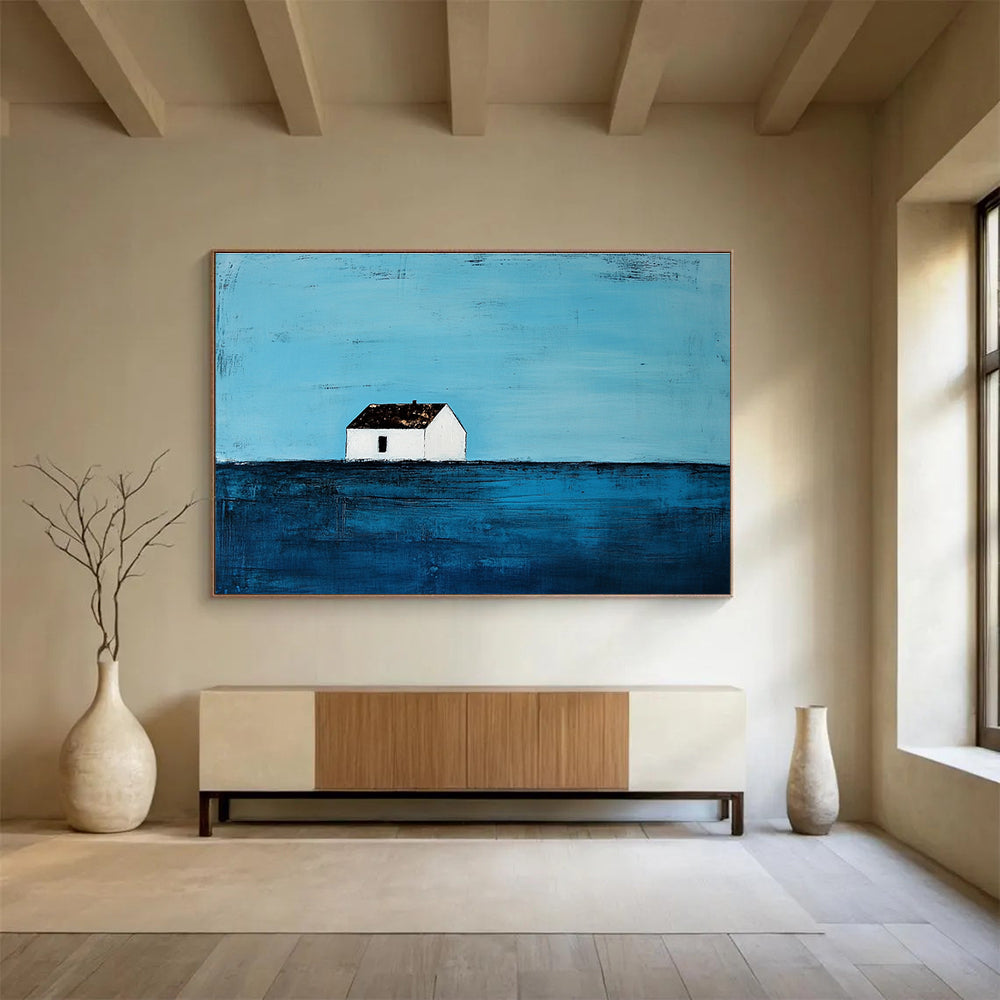 Blue and White Abstract Painting of a Solitary House DYP144