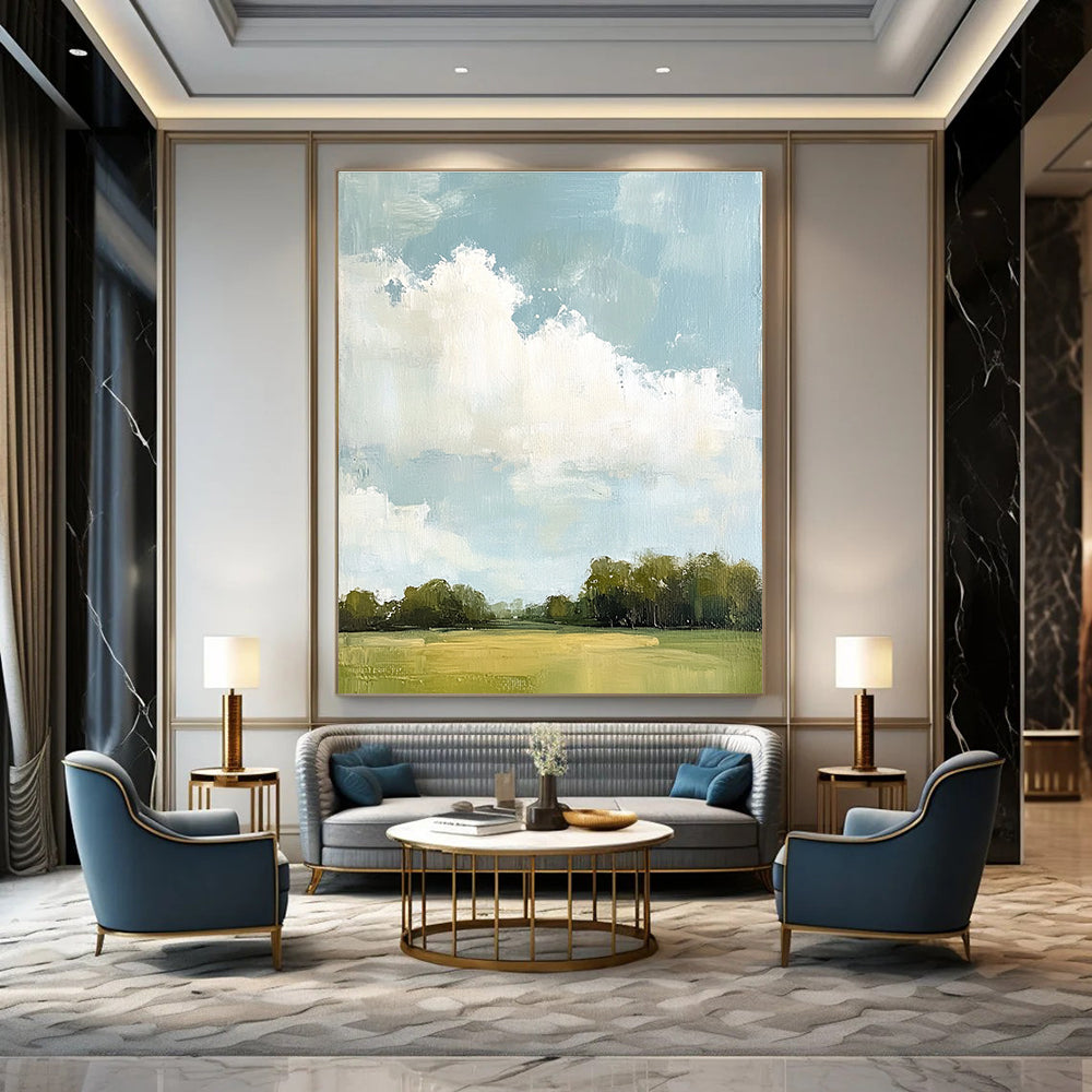 Large abstract painting depicting distant clouds and lush greenery with soft hues and thick brush strokes.STSC874