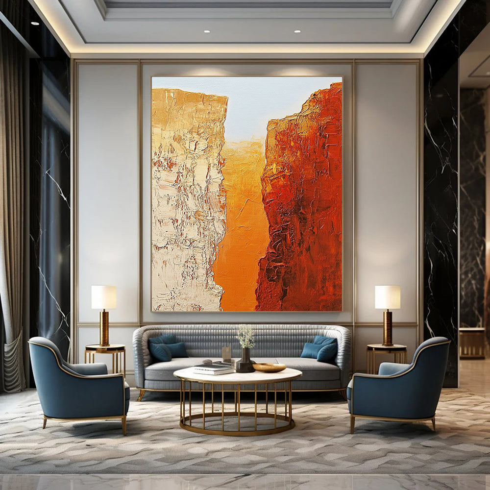Abstract painting of two textured orange rocks symbolizing the Grand Canyon against a light blue sky in the style of Jean-Michel Basquiat.STSC713