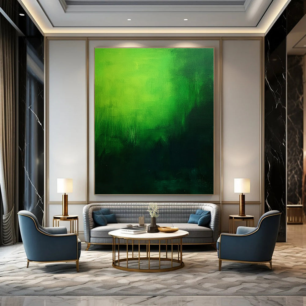 Large abstract painting featuring a green gradient on a dark background creating a moody and atmospheric foggy effect in oil on canvas.STSC310