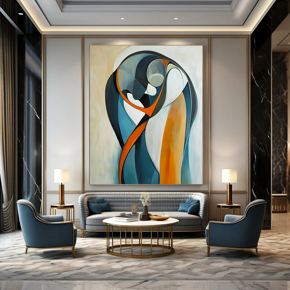Large abstract painting of two figures embracing in curved lines and bold geometric shapes with a serene gradient background.STSC711