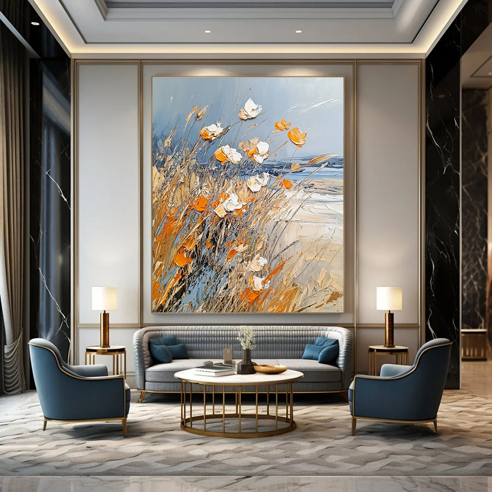 Large abstract painting of beach grass in light blue white and orange featuring thick brush strokes and textured palette knife techniques.STSC880