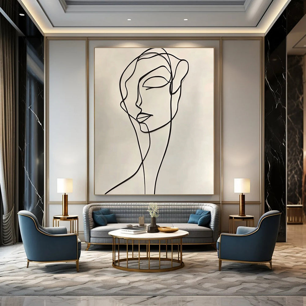 A large abstract drawing featuring a continuous line contour of a woman in elegant black ink on a white background, inspired by Henri Matisse.STSC1190