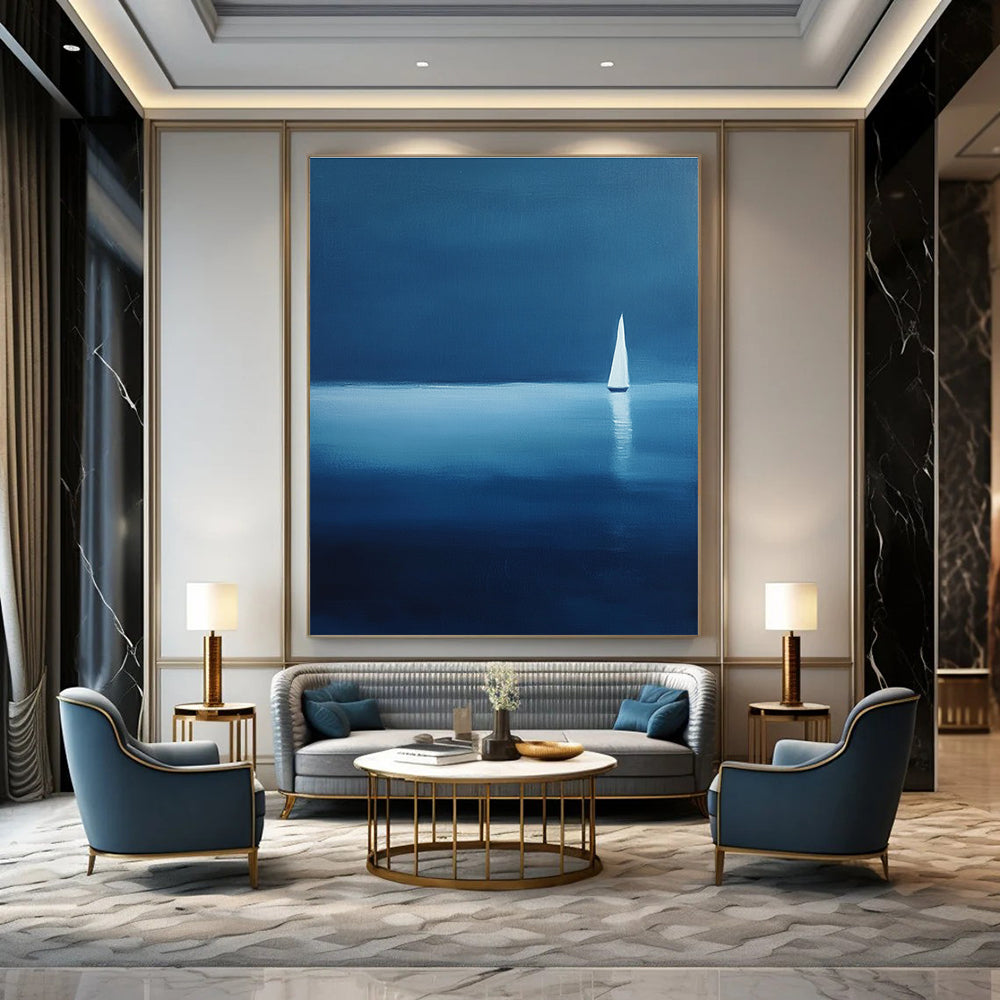Large abstract painting of a serene sailboat on calm waters using blue and white shades against a dark backdrop evoking tranquility and solitude.STSC1086