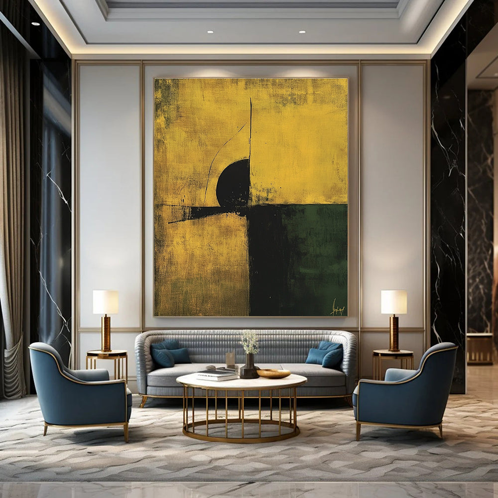 Large abstract painting in minimalist style featuring earthy yellow and green tones with black accents and simple line composition.STSC246