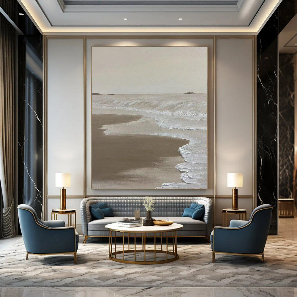 Beige and White Seaside Abstract Painting with Textured Waves ADGE521