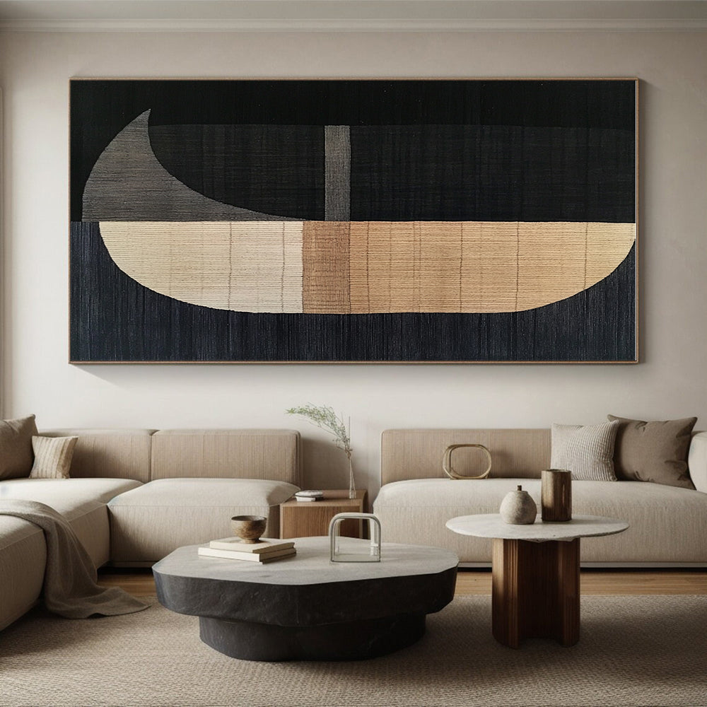 Black and Beige Geometric Abstract Painting with Textured Shapes GER180