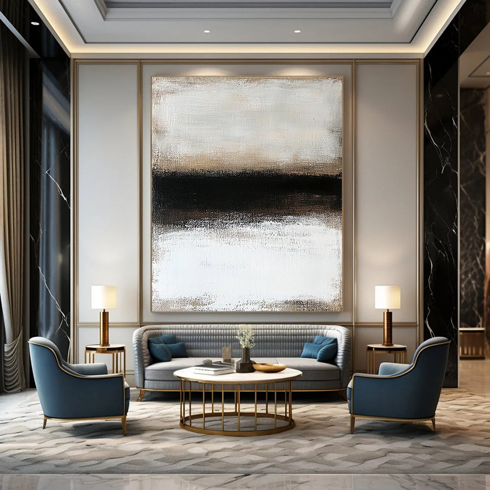 Large abstract painting featuring a textured surface of neutral colors depicting a snowy landscape enveloped in ethereal fog.STSC630