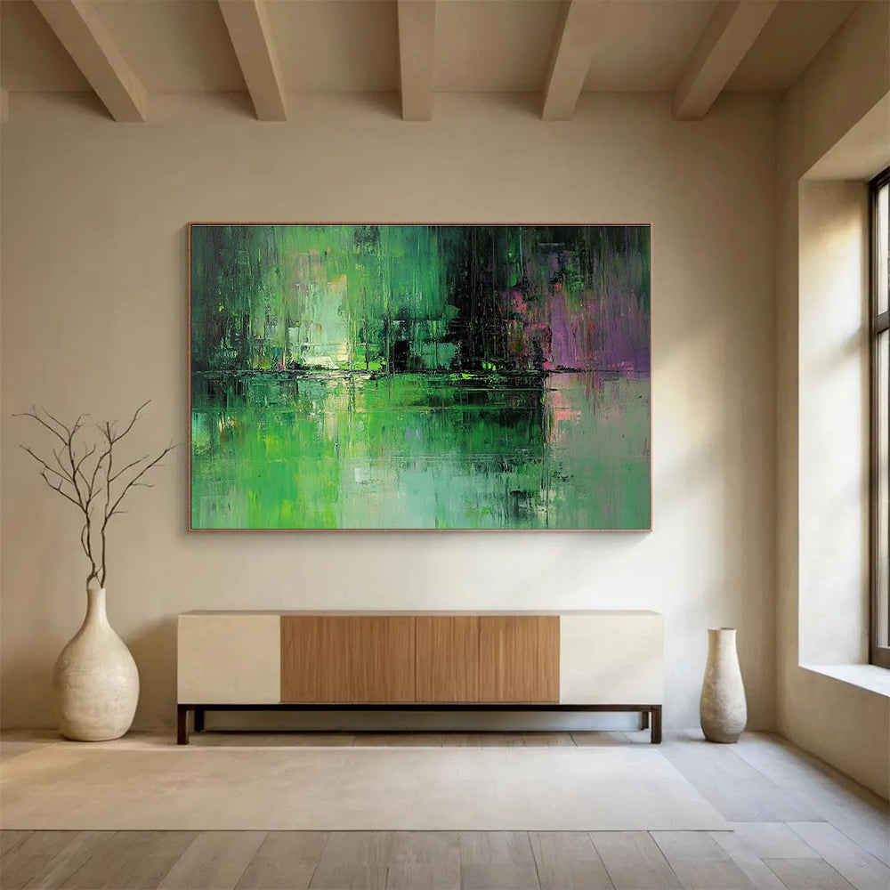 Large abstract oil painting of a green and grey lake with subtle reflections inspired by Jeremy Mann's muted color palette.SC114
