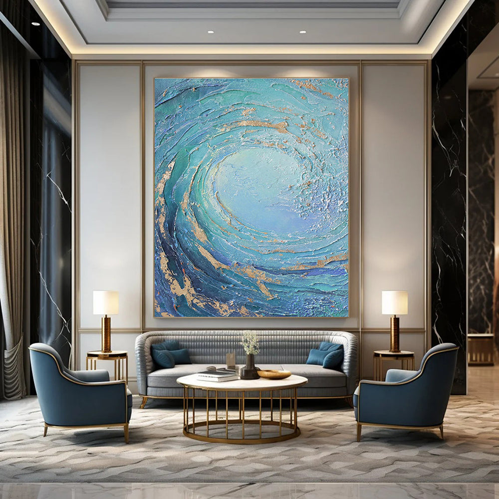 Blue and Gold Swirl Abstract Painting with Textured Layers ADGE332