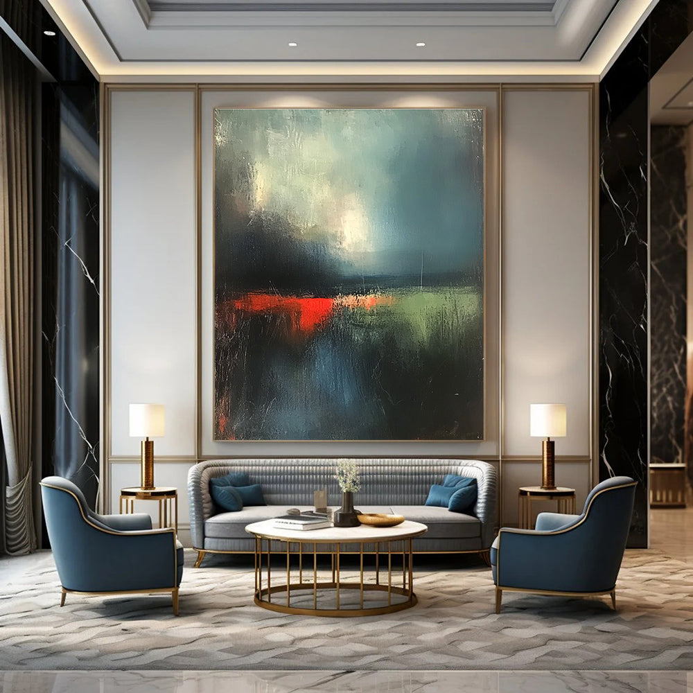 Abstract painting of the English landscape featuring dark green sky and atmospheric clouds with red lighting and soft textures using thick brush strokes.STSC702