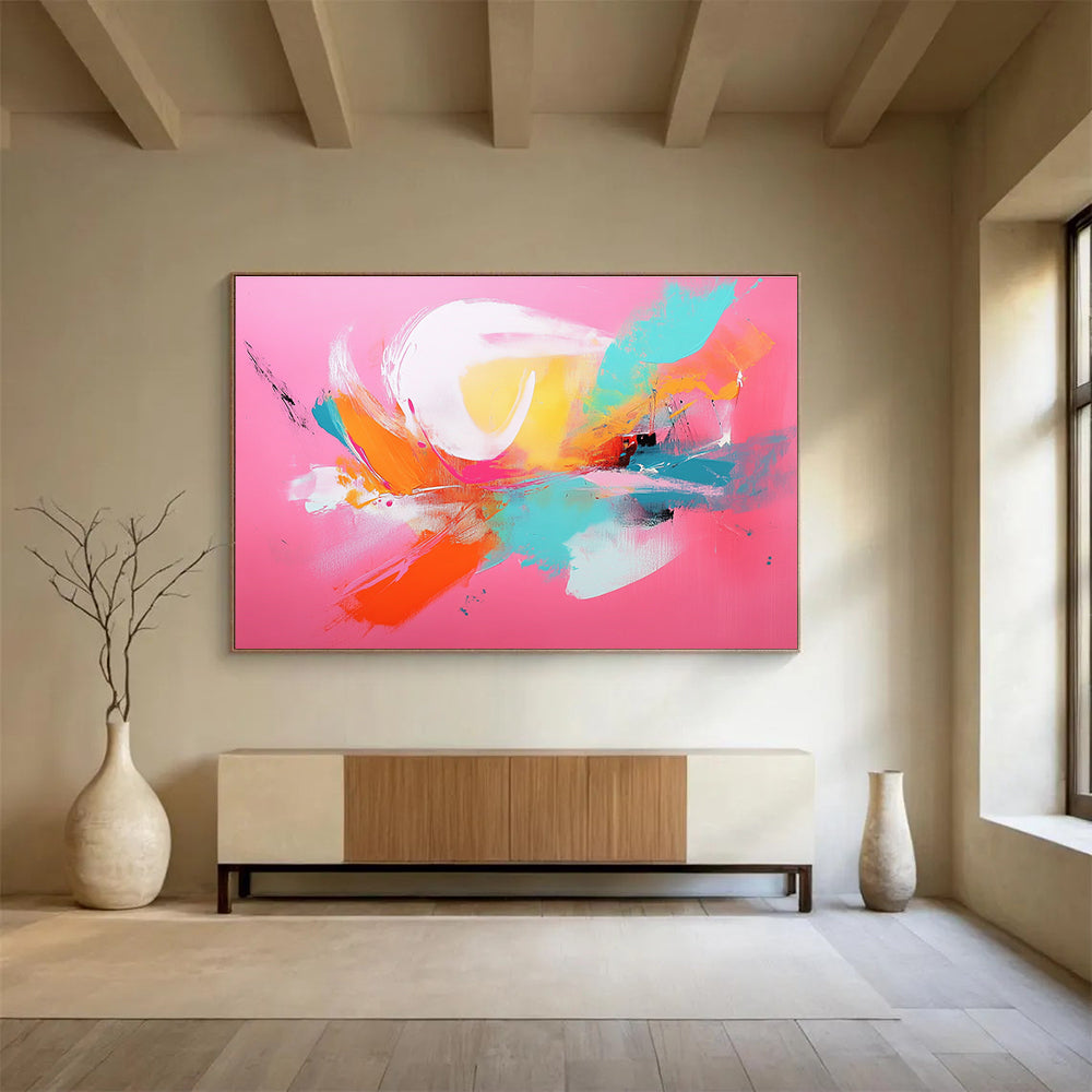 Large abstract painting with a pink background and vibrant orange and teal accents showcasing dynamic brush strokes.SC224