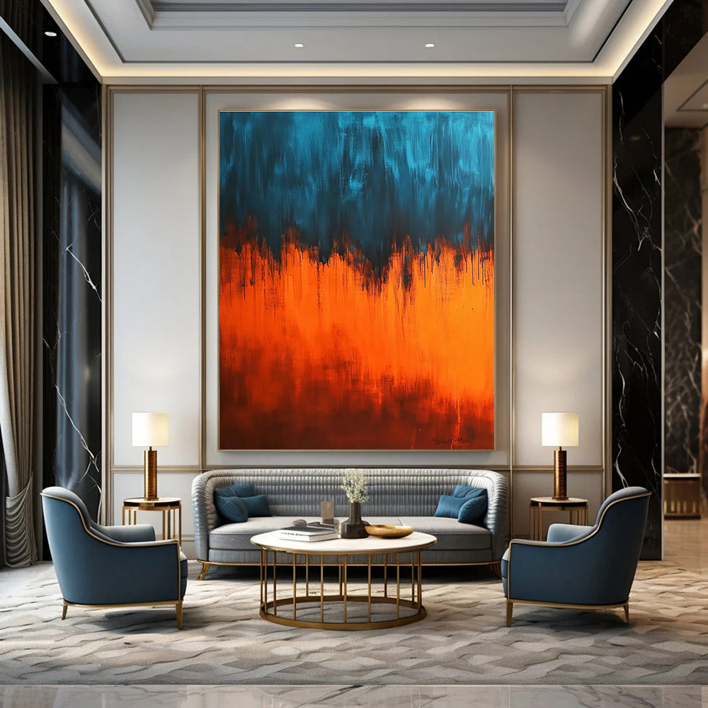 Large abstract painting featuring an orange and blue gradient background with strong light and dark contrasts creating a mysterious ethereal atmosphere.STSC385