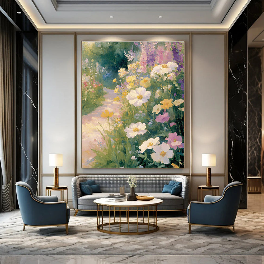 Large Abstract Painting of an Old English Garden with Wildflowers and a Winding Path Evoking Calmness and Tranquility in Soft Pastel Colors.STSC1227