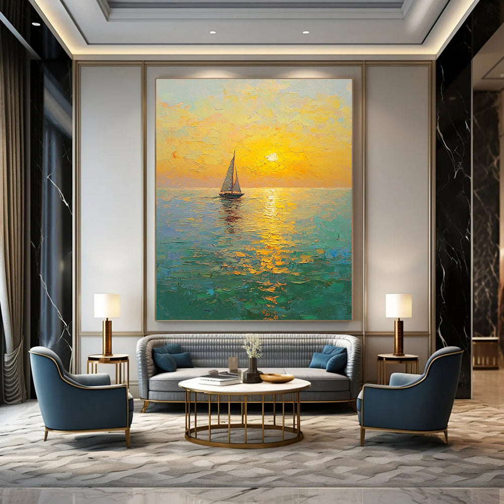 Large Abstract Painting of a golden sunset over the sea with sailboat textured brush strokes and a tranquil atmosphere of yellow-green and light blue.STSC1296