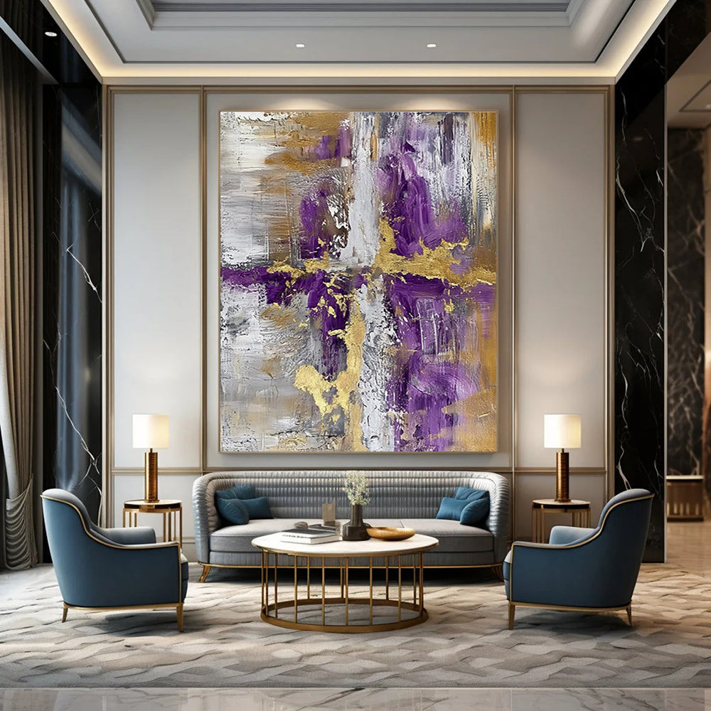 Purple and Gold Cross Abstract Painting with Gray and White ADGE135