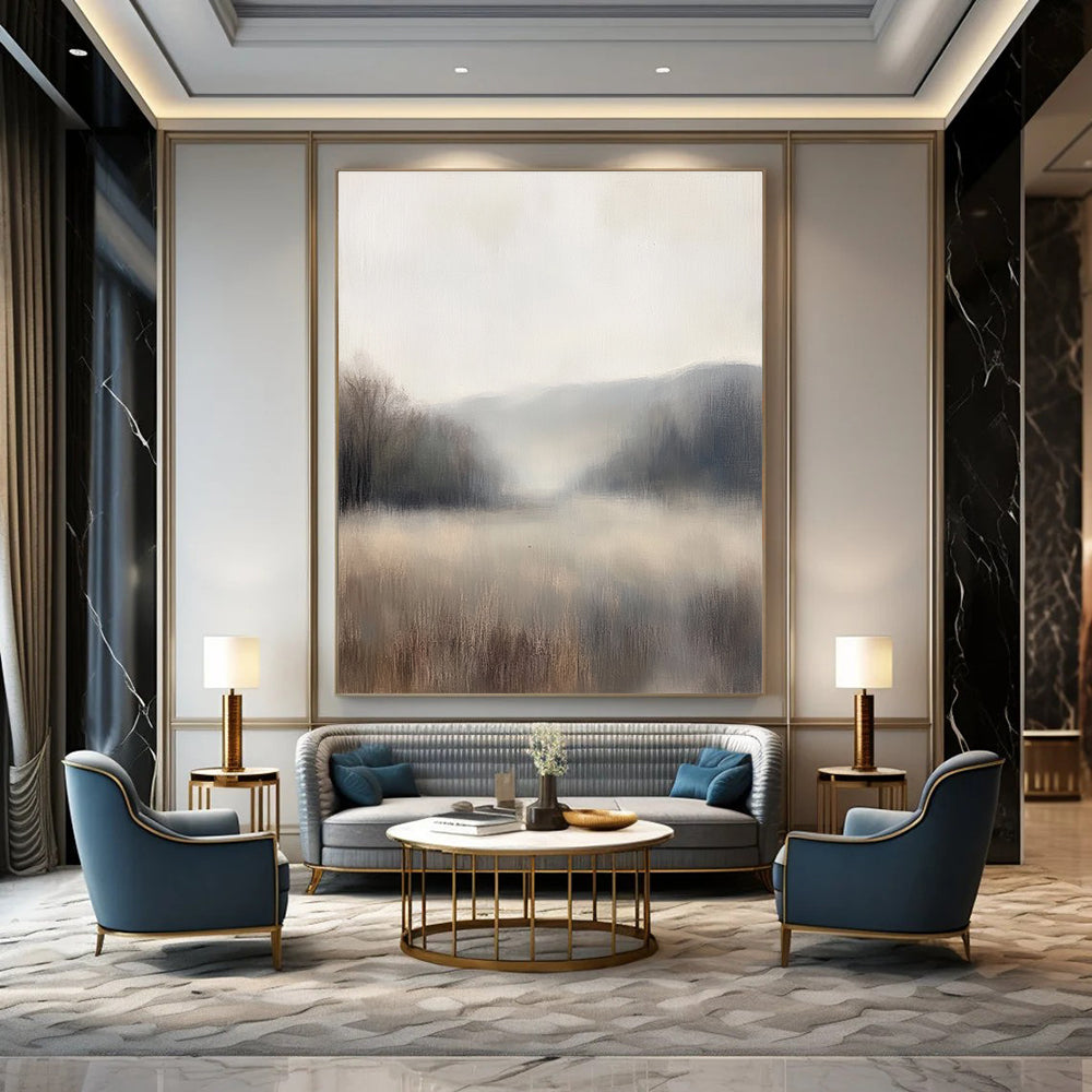 Large abstract painting of a misty landscape with muted neutral colors and soft focus that enhances a minimalist aesthetic.STSC869