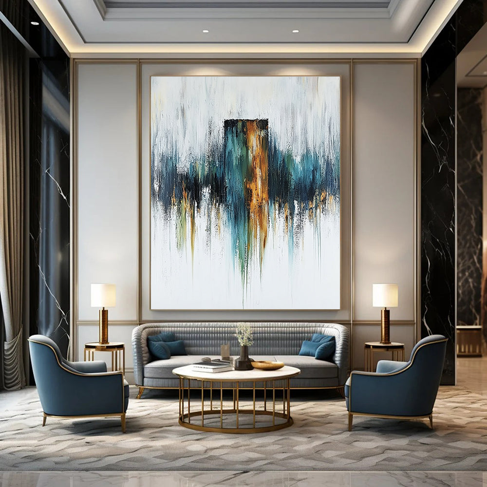 Large abstract painting featuring a rusted metal column on a white canvas with blue green and warm tones for depth and mystery.STSC494