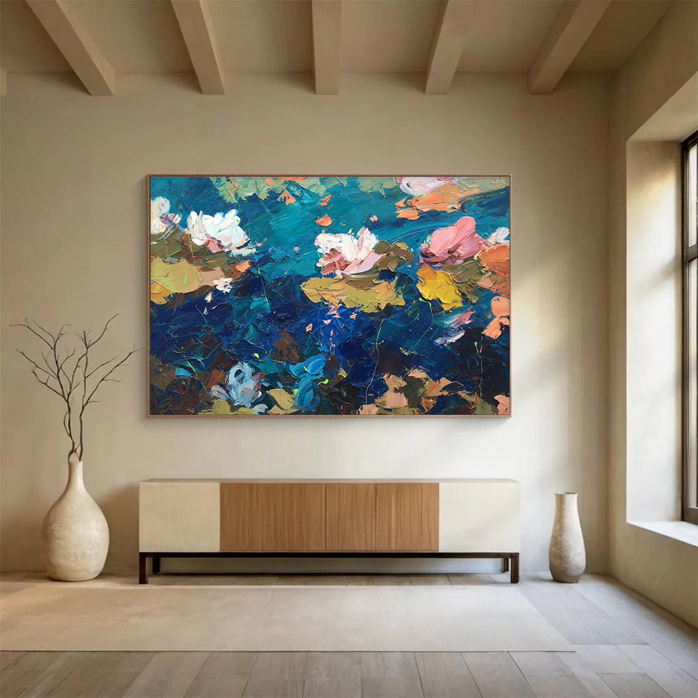 Blue Pink Water Lilies Abstract Painting THY482