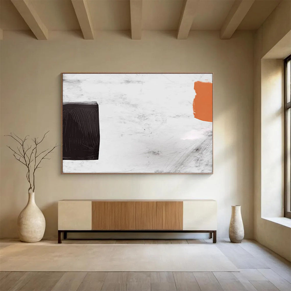 Minimalist Color Block Abstract Painting with Black, White, and Orange THY146