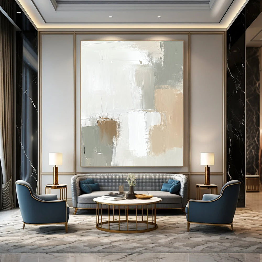 Large abstract painting in soft tones of white and beige featuring soft strokes and neutral shapes that blend harmoniously.STSC379