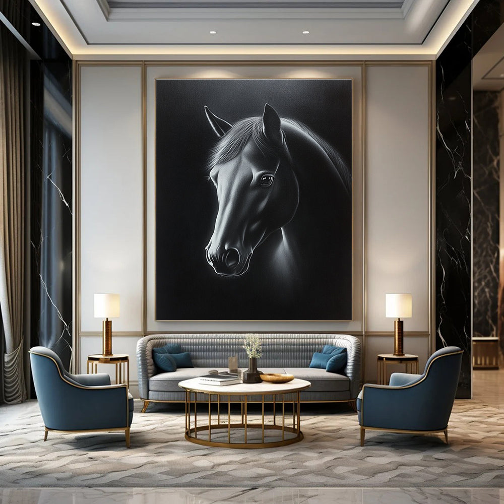 A large abstract oil painting of a horse's head in black and white with elegant lighting highlighting its features against a dark background.STSC1076