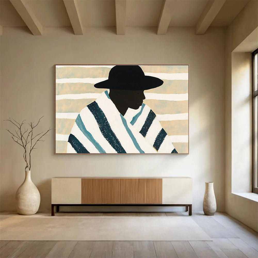 An abstract painting featuring an African man in a blue and white striped blanket against a minimalist beige background with white stripes.SC399