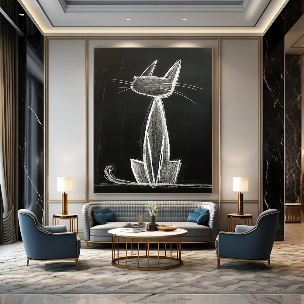 A large abstract artwork featuring an anthropomorphic cat with long ears sitting gracefully on its hind legs, captured in smooth chalk lines.STSC1184