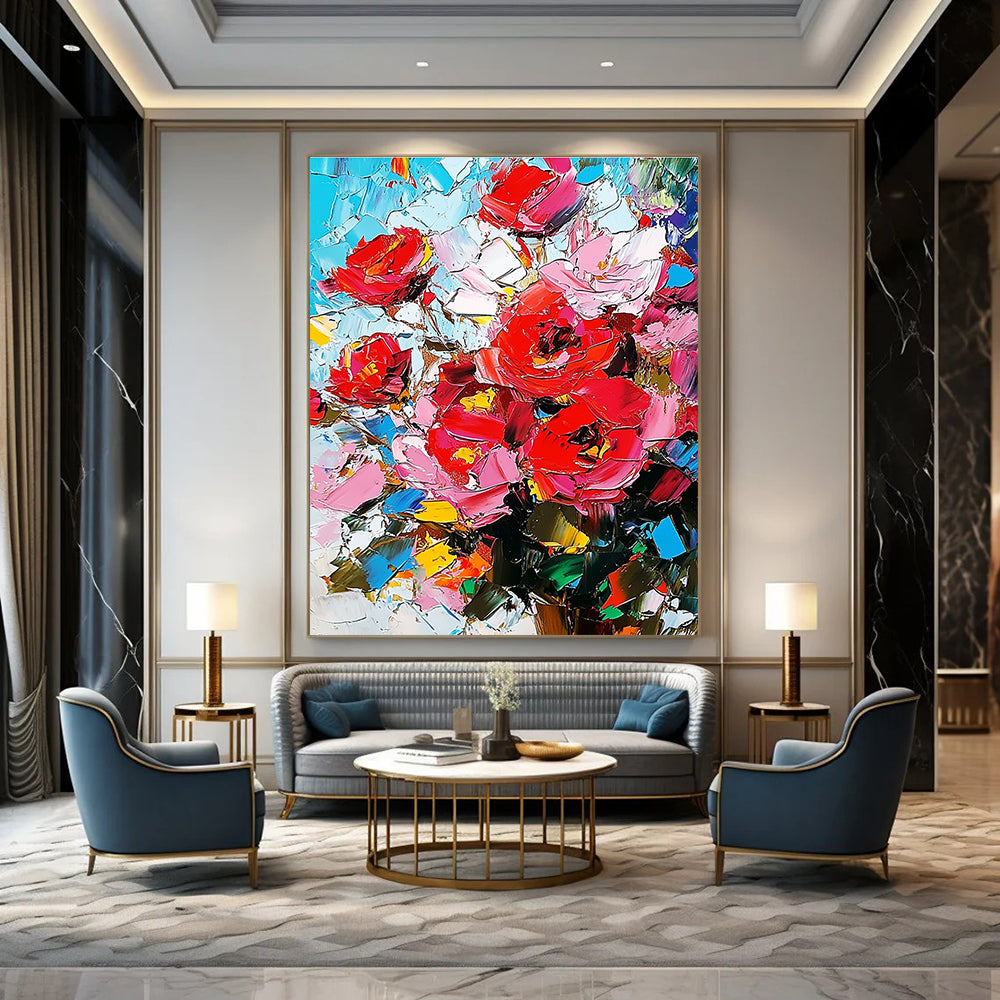 Large abstract painting featuring red roses with a palette knife technique showcasing high-contrast pink and blue hues on canvas.STSC927