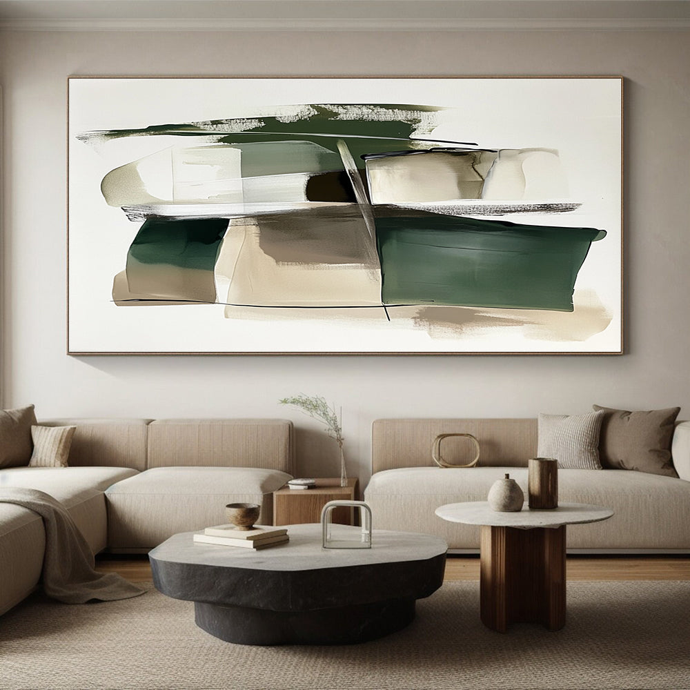 Green and Beige Abstract Painting with Geometric Shapes GER560