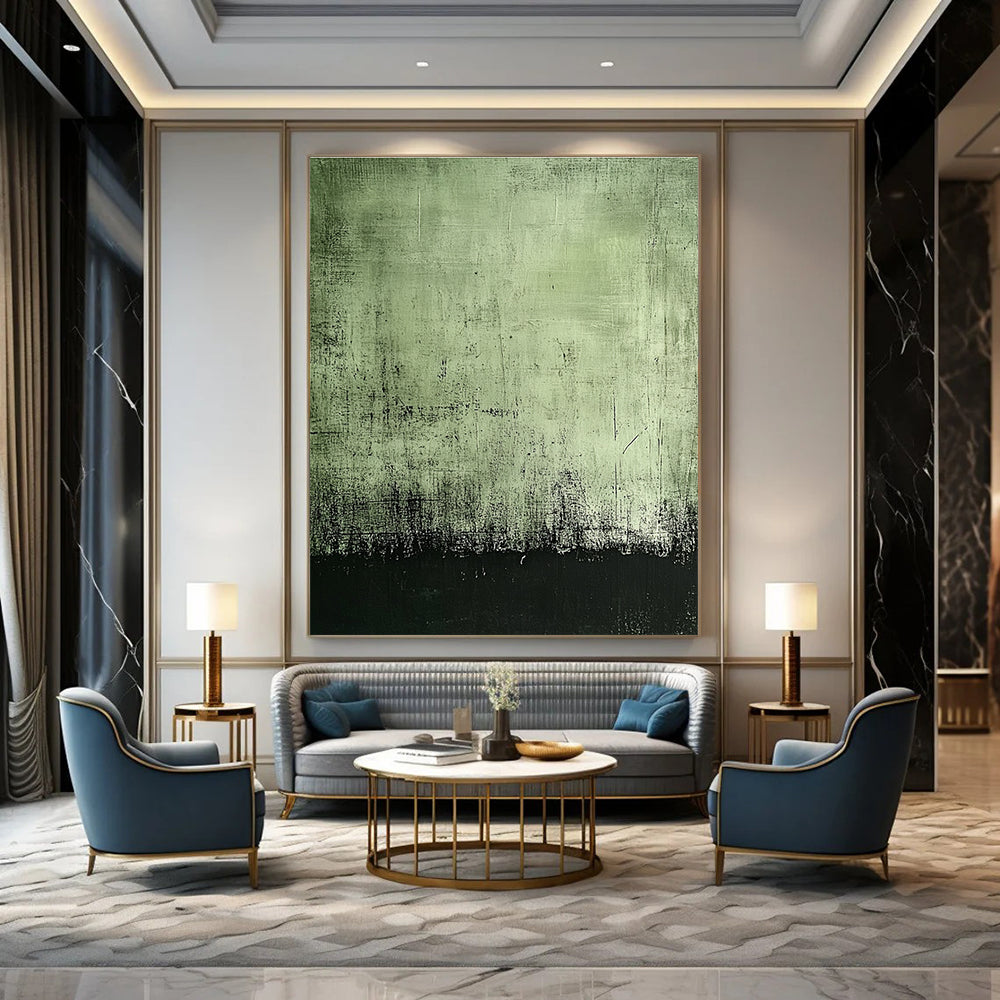 Large abstract painting featuring a dark green background with black edges and subtle gray textures for a mysterious aged effect.STSC398